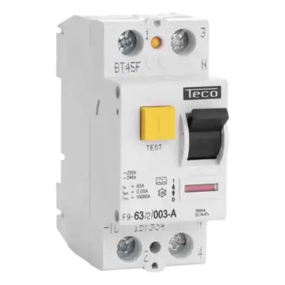 Veiligheidsschakelaar met testknop voor elektrische installaties.