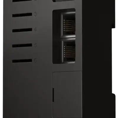 Minimalistisch zwart elektronisch apparaat met numerieke toetsen en aansluitingen.