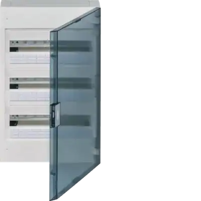 Kleine elektrische meterkast met glazen deur, geschikt voor woning- en kantoortoepassingen.