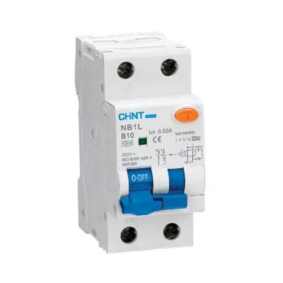 Veiligheidsautomaat voor elektrische installaties, schakelaar met blauw bedieningsknop.